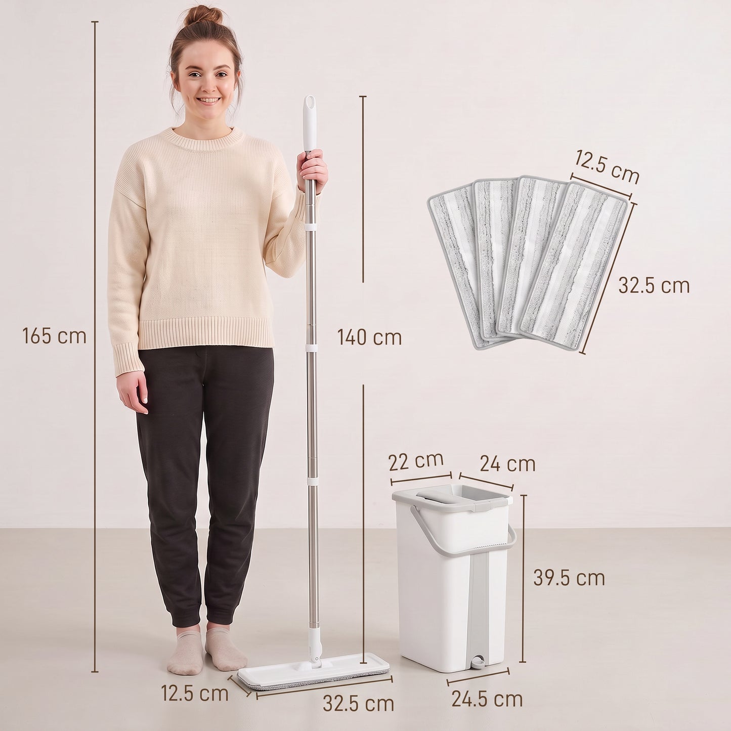 HOMCOM Mop and Bucket Set, Compact Flat Mop System with Wringer, 2-Chamber Design, 5 Reusable Pads, 127cm Handle, White