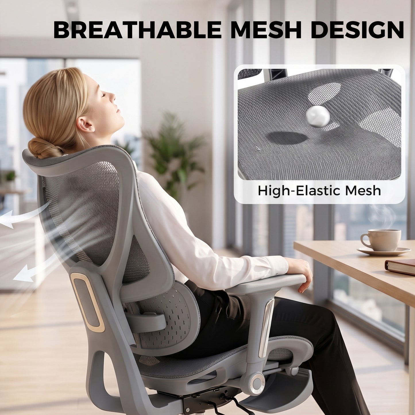 HOMCOM Ergonomic Office Chair with Lumbar Support, Mesh Reclining Desk Chair with Footrest, Adjustable High Back, Grey