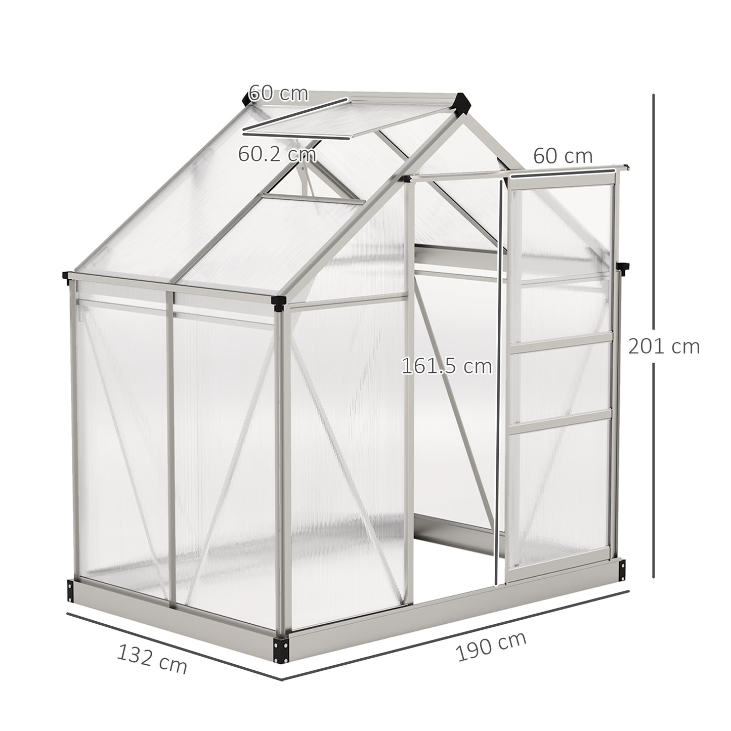Outsunny Polycarbonate Greenhouse, Large Walk-In Green House with Slide Door and Window, Aluminium Frame, 6x4ft, Silver Tone