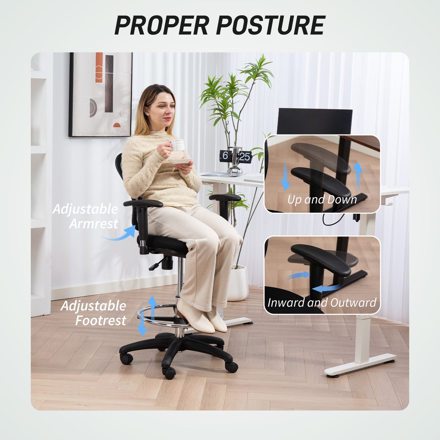 HOMCOM Drafting Chair with Adjustable Armrests, Ergonomic Mesh Back, Lumbar Support, Height & Footrest Adjustments for Standing Desk, Black