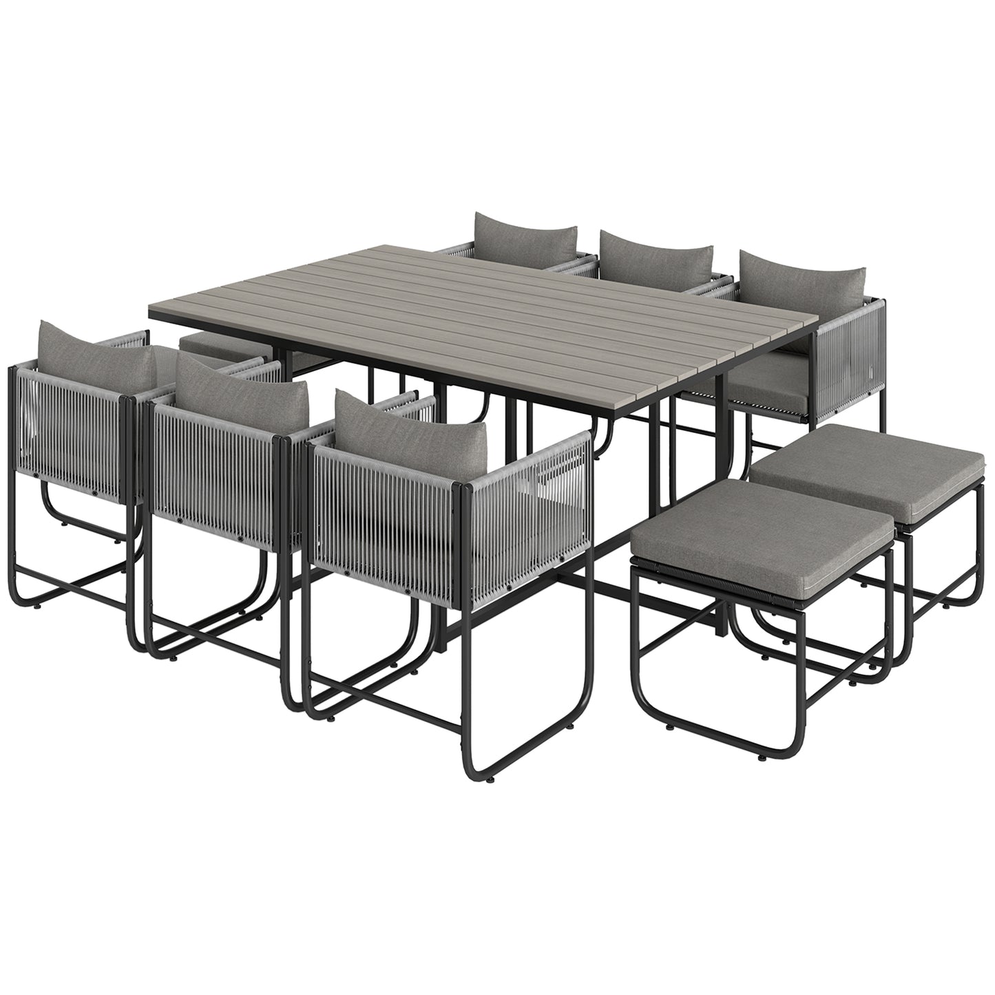 Outsunny Rattan Cube Garden Dining Set, 10 Seater with Cushions, 6 Armchairs, 4 Stools, Rectangular Table, Wood Grain Top, Grey