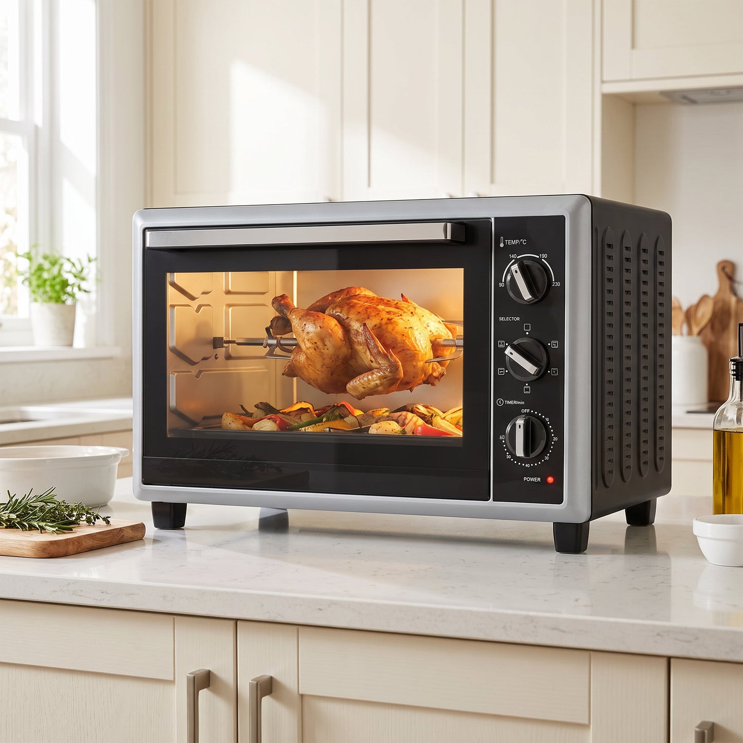 HOMCOM 36L Mini Oven with Convection, Electric Countertop Cooker with Rotisserie, 90–230°C Adjustable Temperature, 1500 W