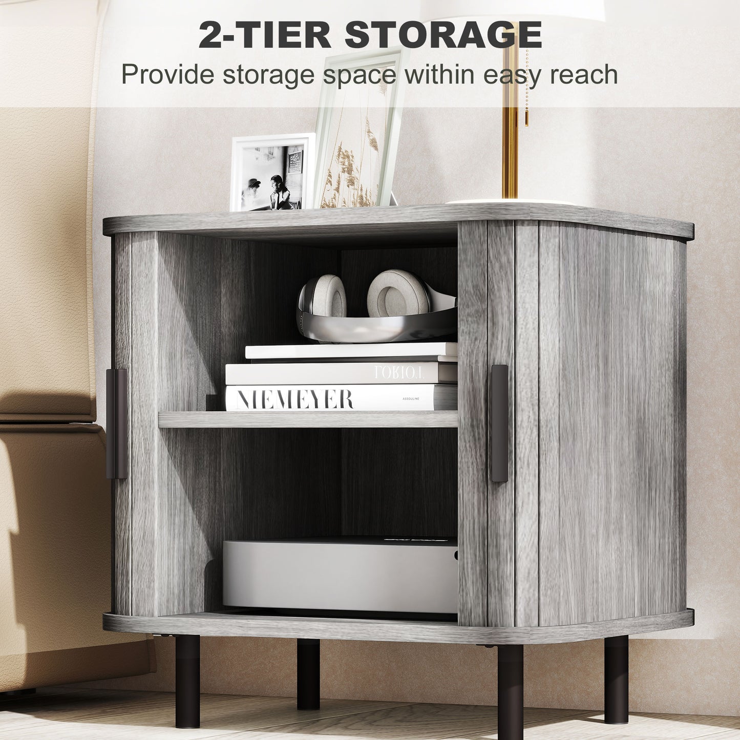 HOMCOM Bedside Table, Nordic Side Table with Roller Shutter Style Sliding Doors and Metal Legs for Bedroom, Living Room, Grey