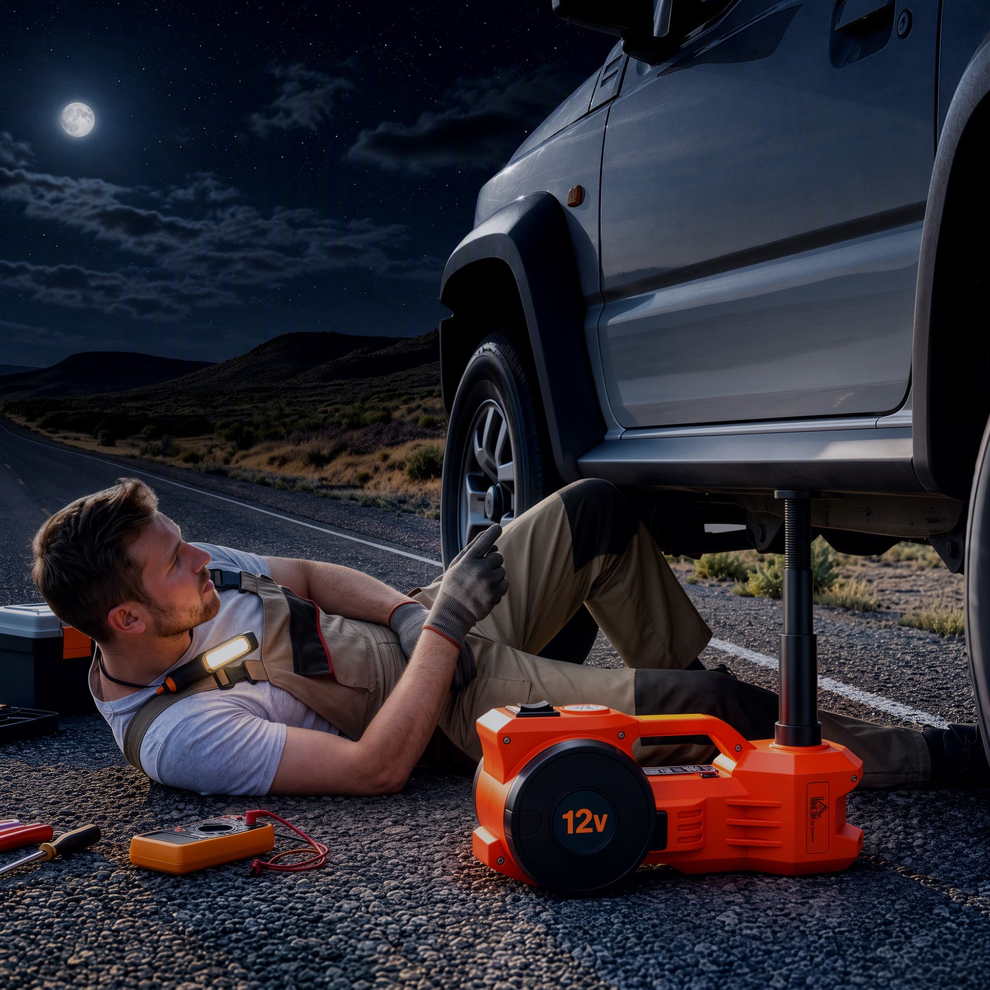 HOMCOM Electric Car Jack Kit, 5Ton 12V Electric Hydraulic Car Jack Lift with 15.5-45 cm Lift, Air Pump, Reflective Case, Orange