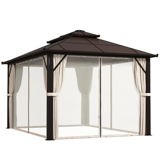 Outsunny 3x4m Hardtop Gazebo, UPF30+ Roof, Aluminium Frame, Mosquito Netting & Curtains, Beige