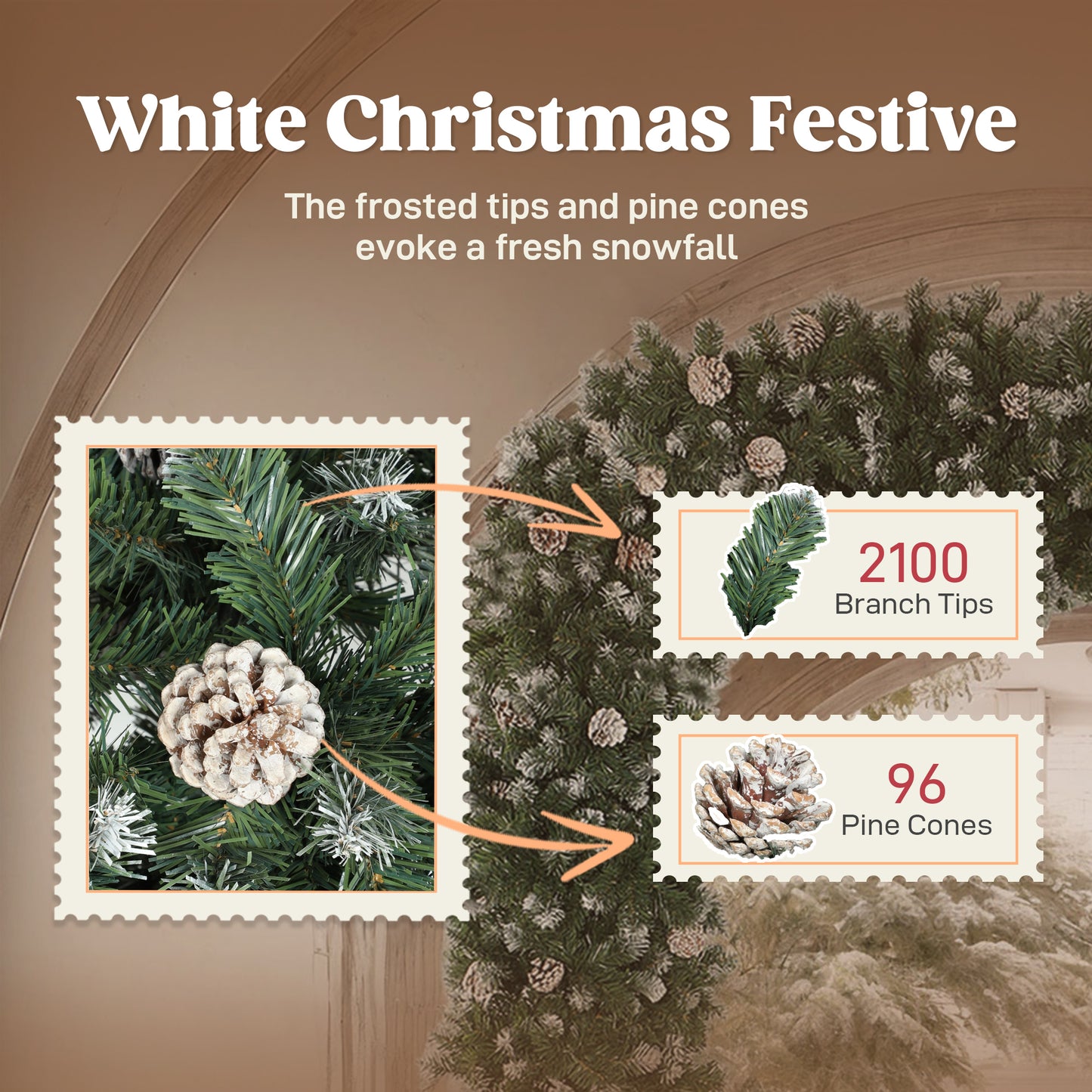 HOMCOM Christmas Tree Arch, 8.2 ft Snow Frosted with 2100 Tips & 96 Pinecones, Artificial Xmas Decoration with Metal Stand, Green