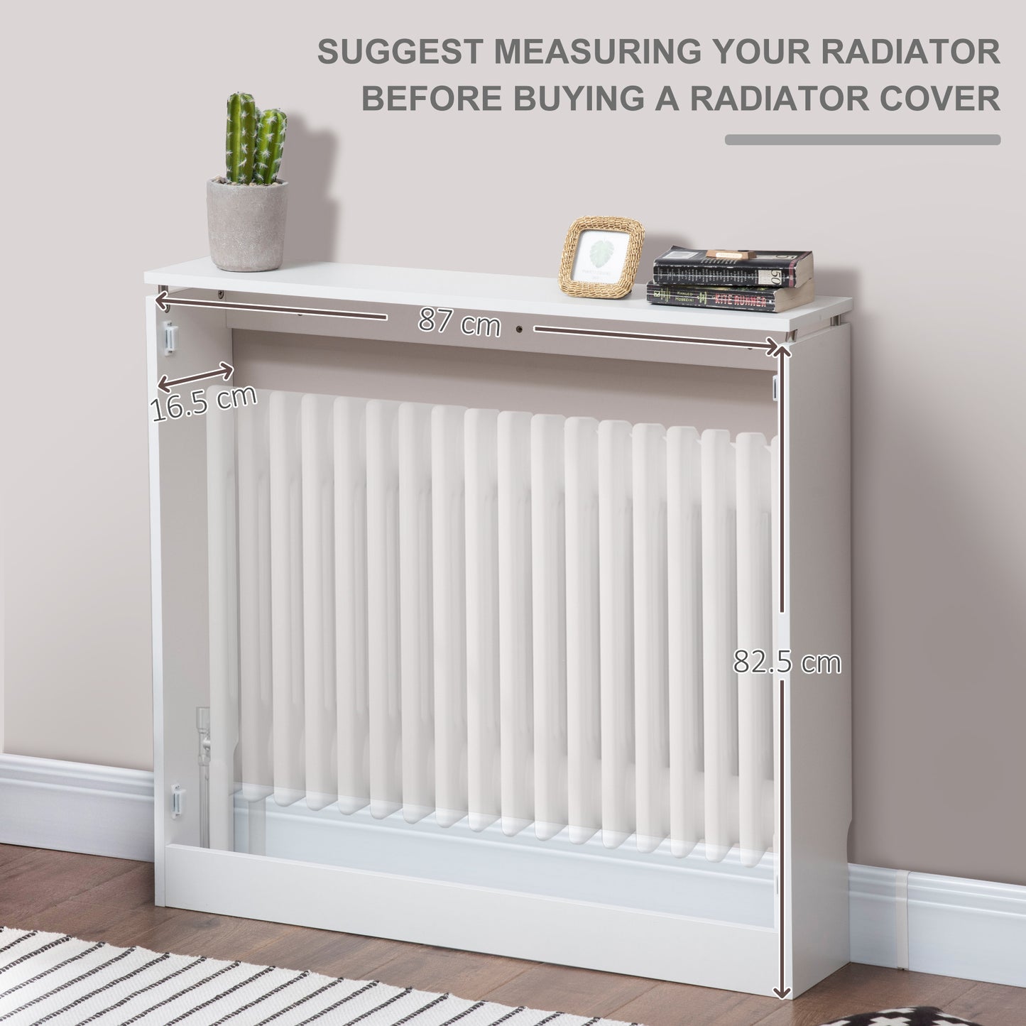 HOMCOM Radiator Cover Vertical Slatted Grille Heater Cover Top Shelf MDF Steel for Heat Circulation 90 x 18 x 84 cm White
