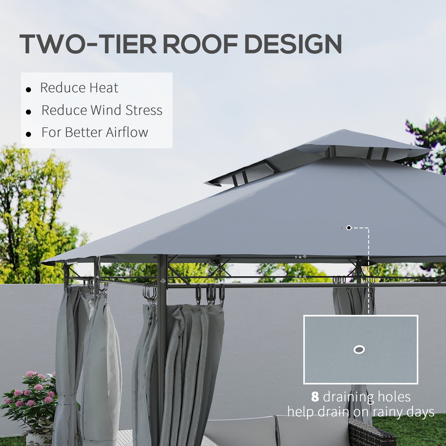 Outsunny 3 x 4m Garden Gazebo with Sides, Double Roof Metal Gazebo, Outdoor Gazebo Canopy Shelter for Patio, Deck, Dark Grey