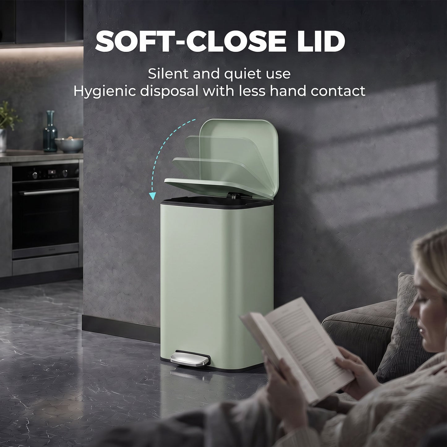 HOMCOM 50 L Kitchen Pedal Bin, Metal Rubbish Bin with Removable Inner Bucket, Soft-Close & Stay-Open Lid, Light Green