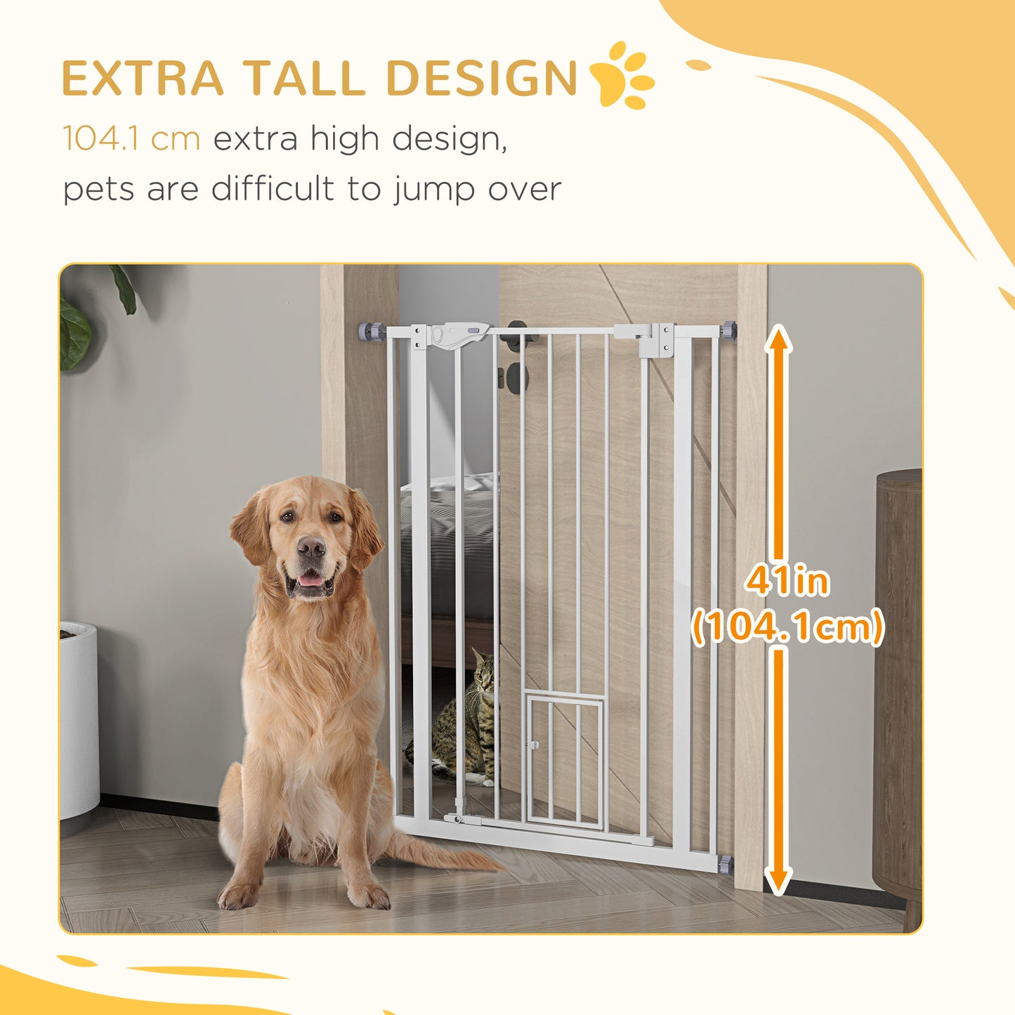 PawHut Extra Tall Pet Gate Indoor Dog Safety Gate with Cat Flap Auto Close 74-80cm Wide - White