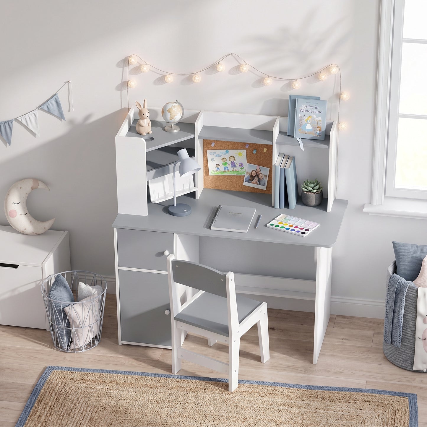 AIYAPLAY Kids Desk and Chair Set Storage Shelves Kids Desk Adjustable Tablet Stand Cork Board Pen Holder Grey