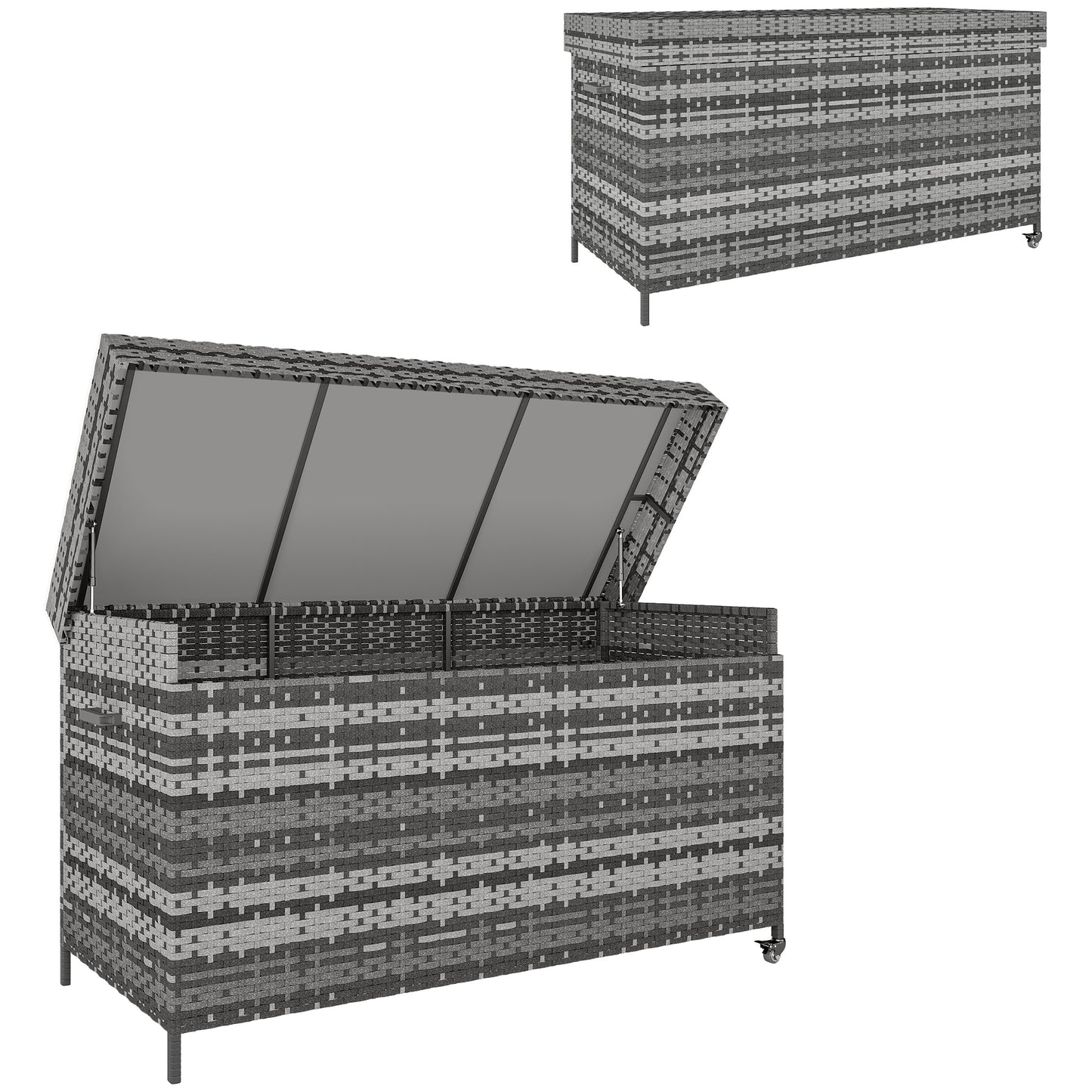Outsunny 627L Rattan Garden Storage Box, Gas Lift Lid & Wheels, Outdoor Chest for Cushions, Pillows & Tools, Dark Grey