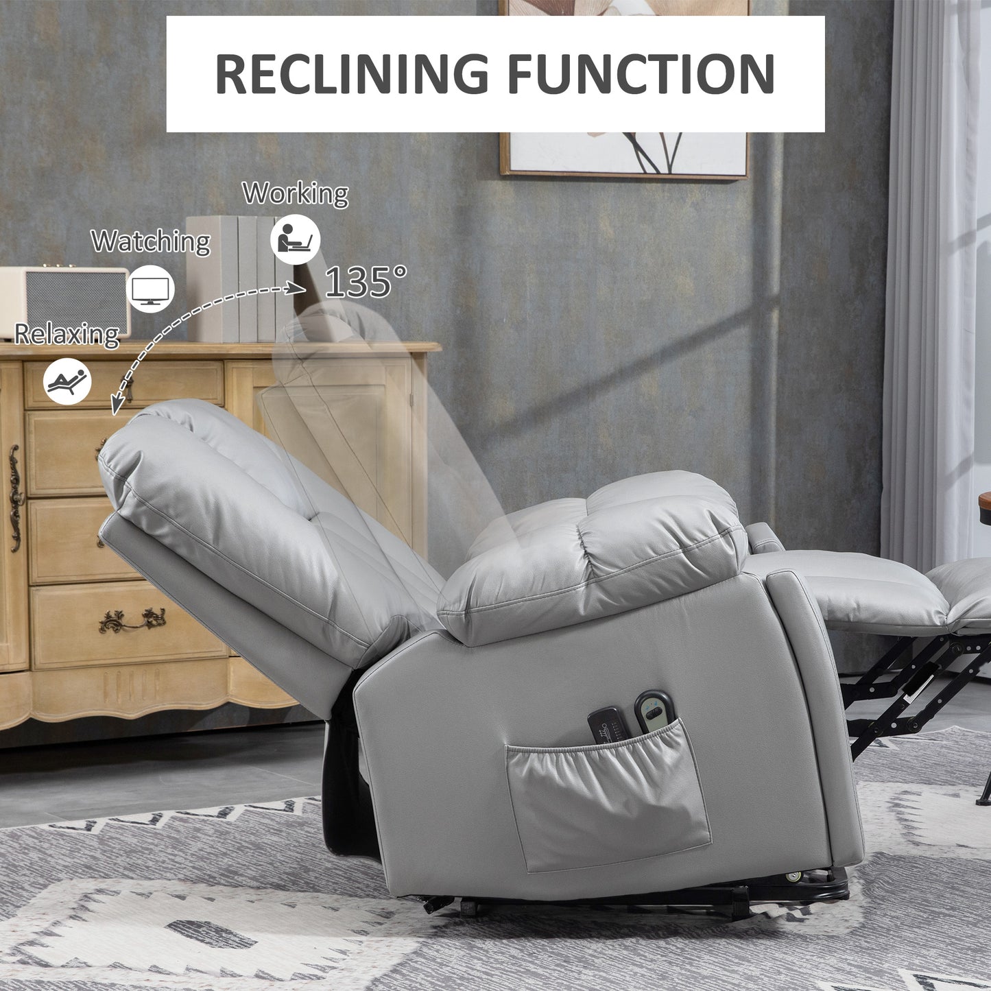 HOMCOM Lift Chair Quick Assembly Riser and Recliner Chair with Vibration Massage Heat Charcoal Grey