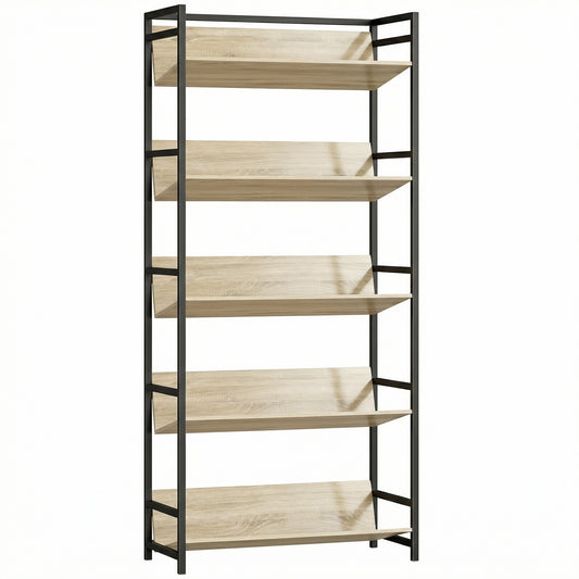 HOMCOM Bookshelf 5-Tier Metal Frame Bookcase Storage Shelves for Living Room Oak