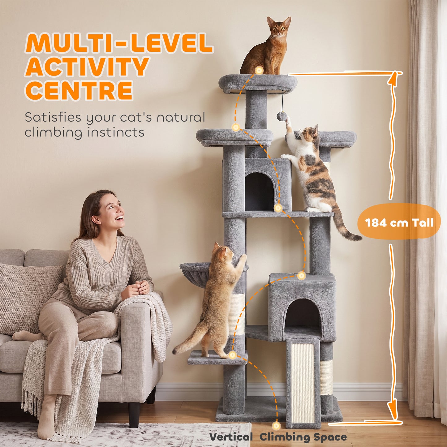PawHut 184cm Large Cat Tree for Indoor Cats, Multi-Level Tall Kitty Tower with 3 Scratching Posts, 2 Condos, 3 Padded Beds