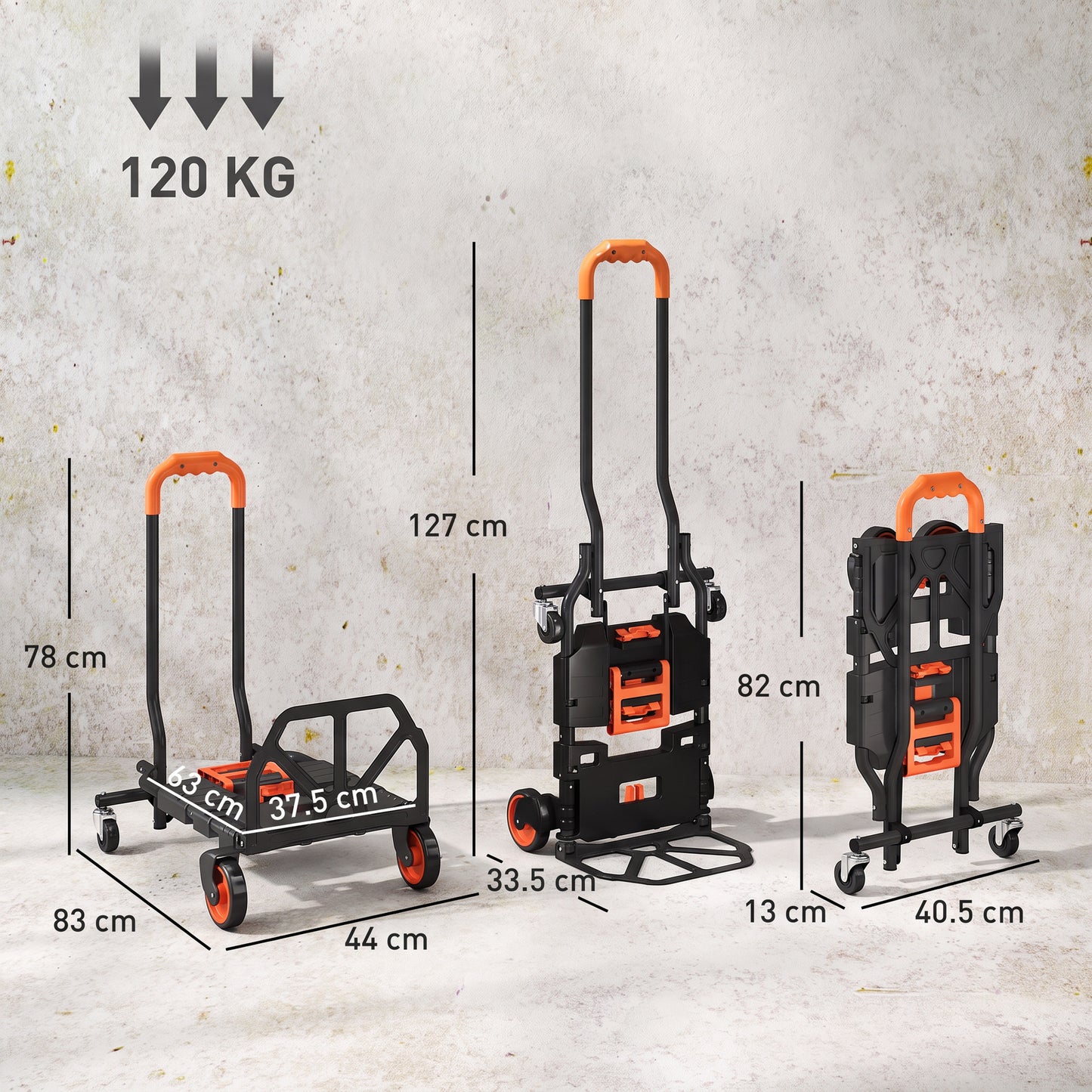 HOMCOM Steel 2-in-1 Folding Hand Truck on Wheels,  Foldable Trolley with Foldable Base, 120kg, Black and Orange