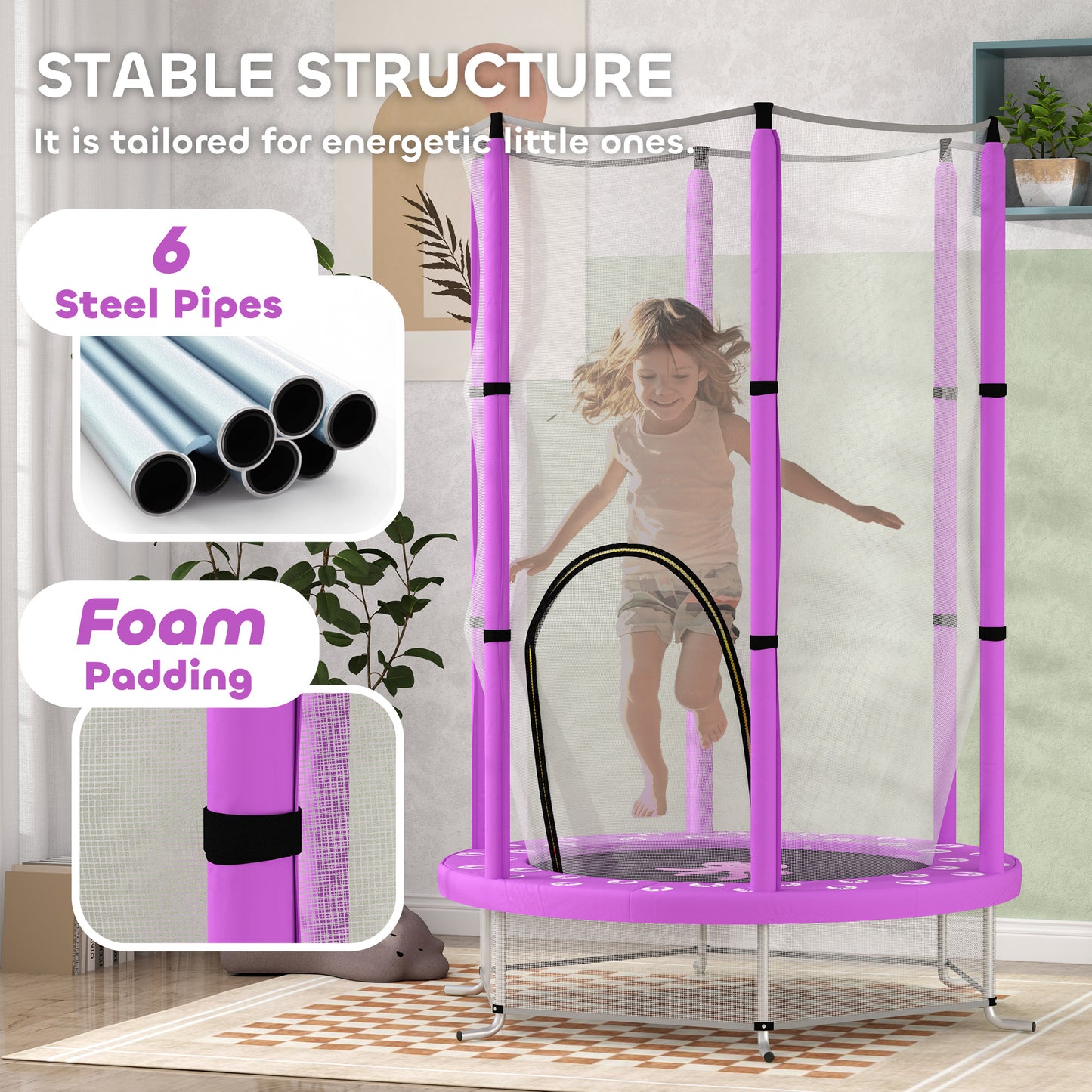 AIYAPLAY 4.6FT Toddler Trampoline w/ Safety Enclosure Net, for Indoor Outdoor Use, Ages 3-6 Years, Octopus Pattern - Purple