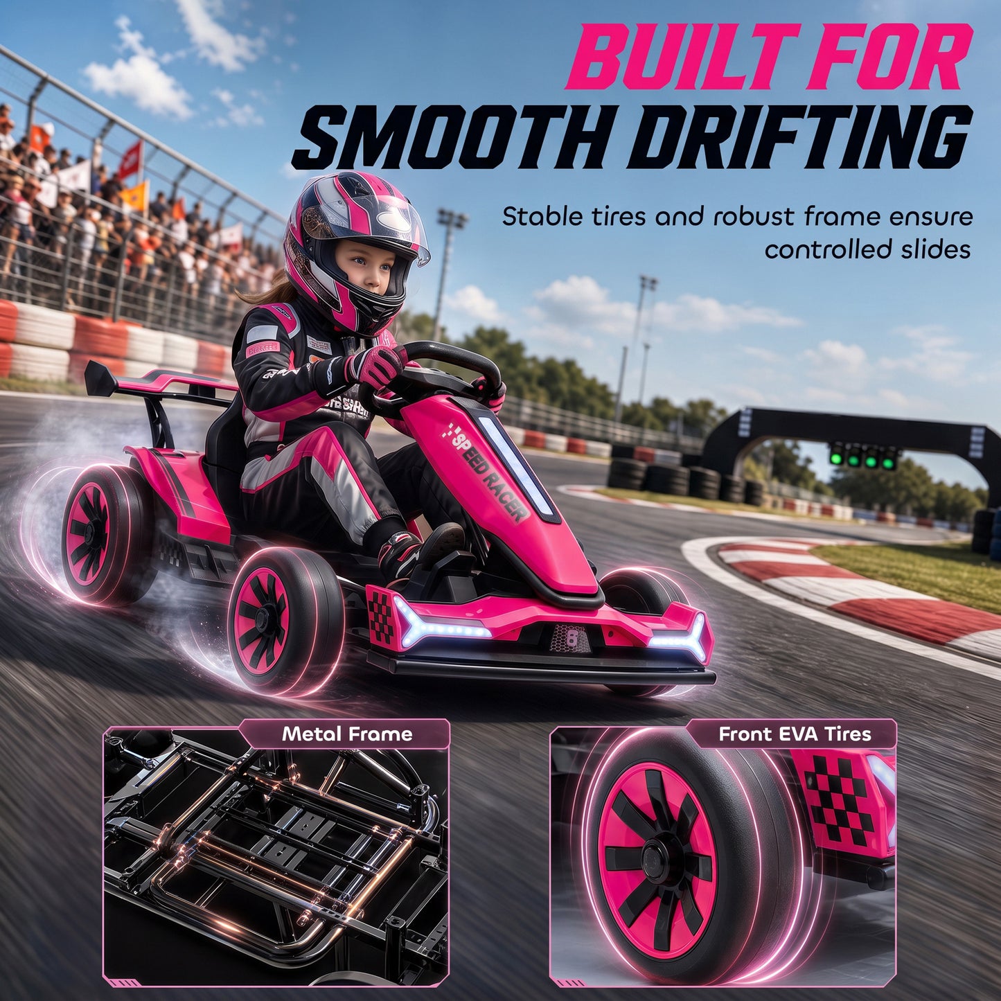 AIYAPLAY 24V Electric Go Kart for Kids 6-12 Years with Drift Mode, Adjustable Seat, 3 Speed, Slow Start, Pink