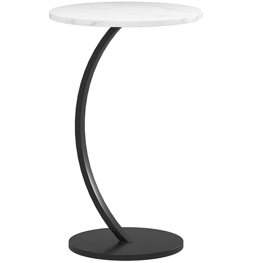 HOMCOM C Shaped Side Table, Round Modern Coffee Table with Marble Effect Top and Metal Frame for Living Room or Bedroom, White