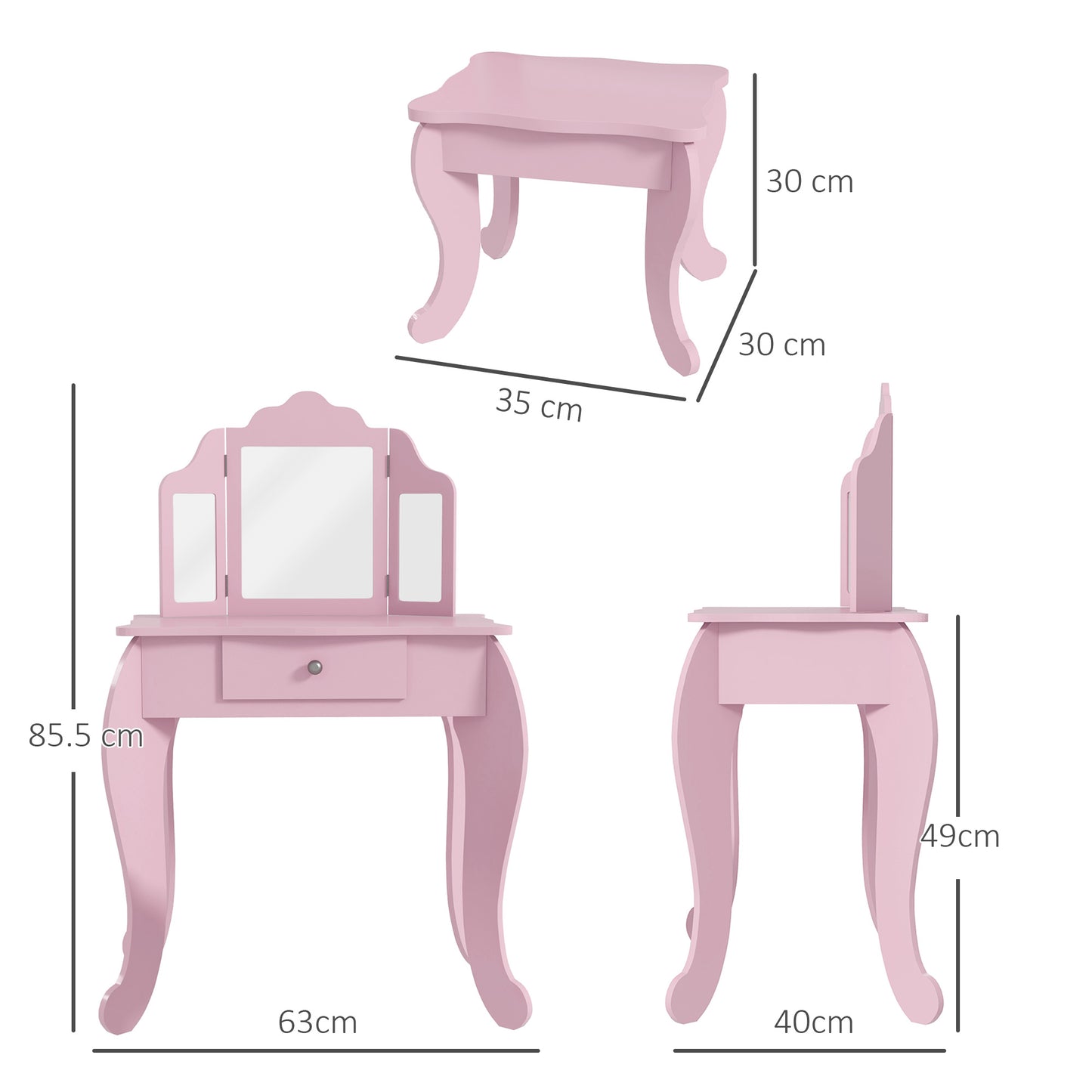 HOMCOM Kids Vanity Table and Chair Set with Tri-Folding Mirror and Stool, Makeup Dressing Table with Drawer, Pink