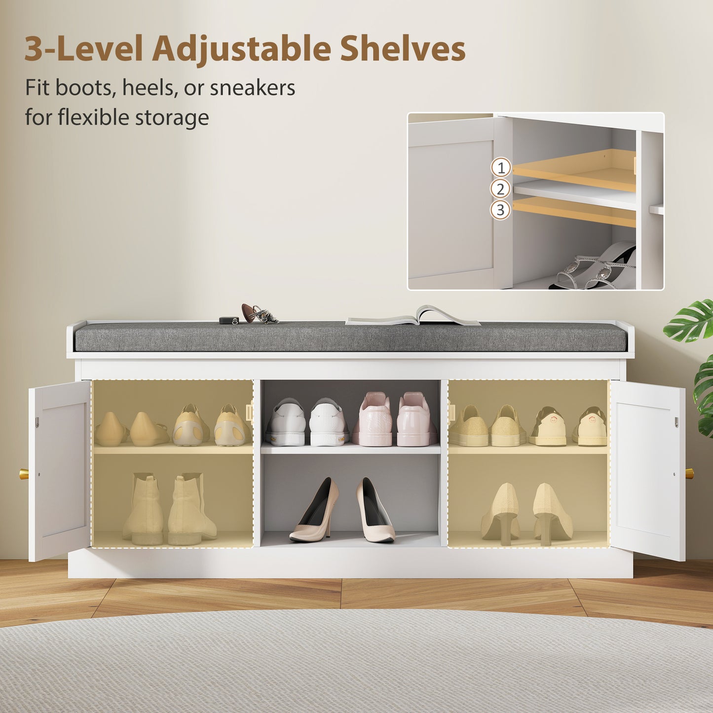 HOMCOM Boho Shoe Storage Bench with Padded Cushion and Rattan Doors - White