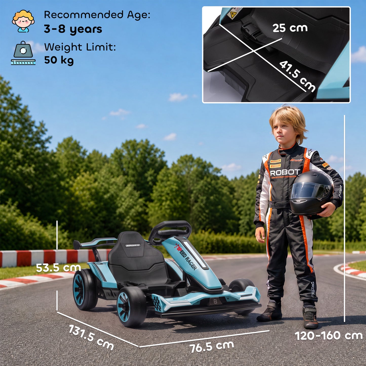 AIYAPLAY 24V Electric Go Kart for Kids 6-12 Years with Drift Mode, Adjustable Seat, 3 Speed, Slow Start, Light Blue