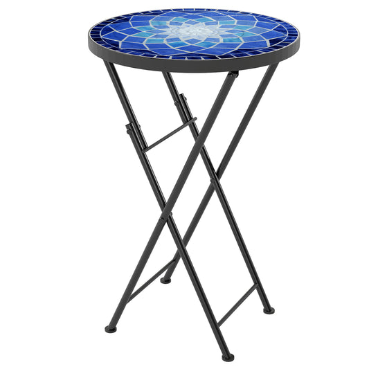 Outsunny Mosaic Outdoor Garden Table, 35.5cm Round Folding Coffee Table with Metal Frame for Balcony Terrace, Navy Blue