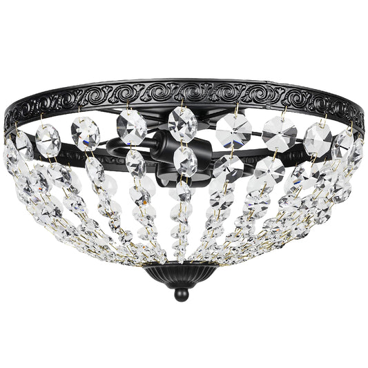 HOMCOM Crystal Chandelier Ceiling Light, 2-Light Flush Mount with 168 Octagonal Beads for Living Room, Bedroom, Hallway, Dining Room, Black