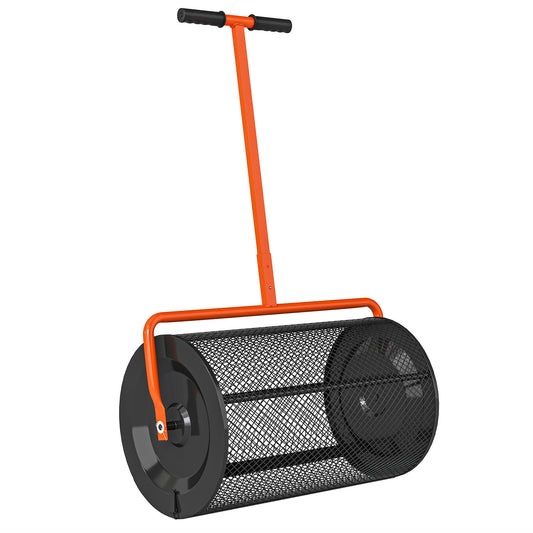 Outsunny Compost Spreader, 24" Peat Moss Spreader with Adjustable T-Handle and Metal Mesh Basket, Garden Spreader for Seeding, Orange