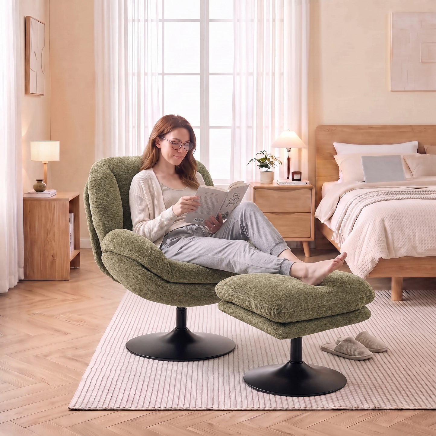 HOMCOM Modern Chenille Lazy Chair with Ottoman, 360° Swivel, Upholstered Reading Seat Set for Living Room, Dark Green