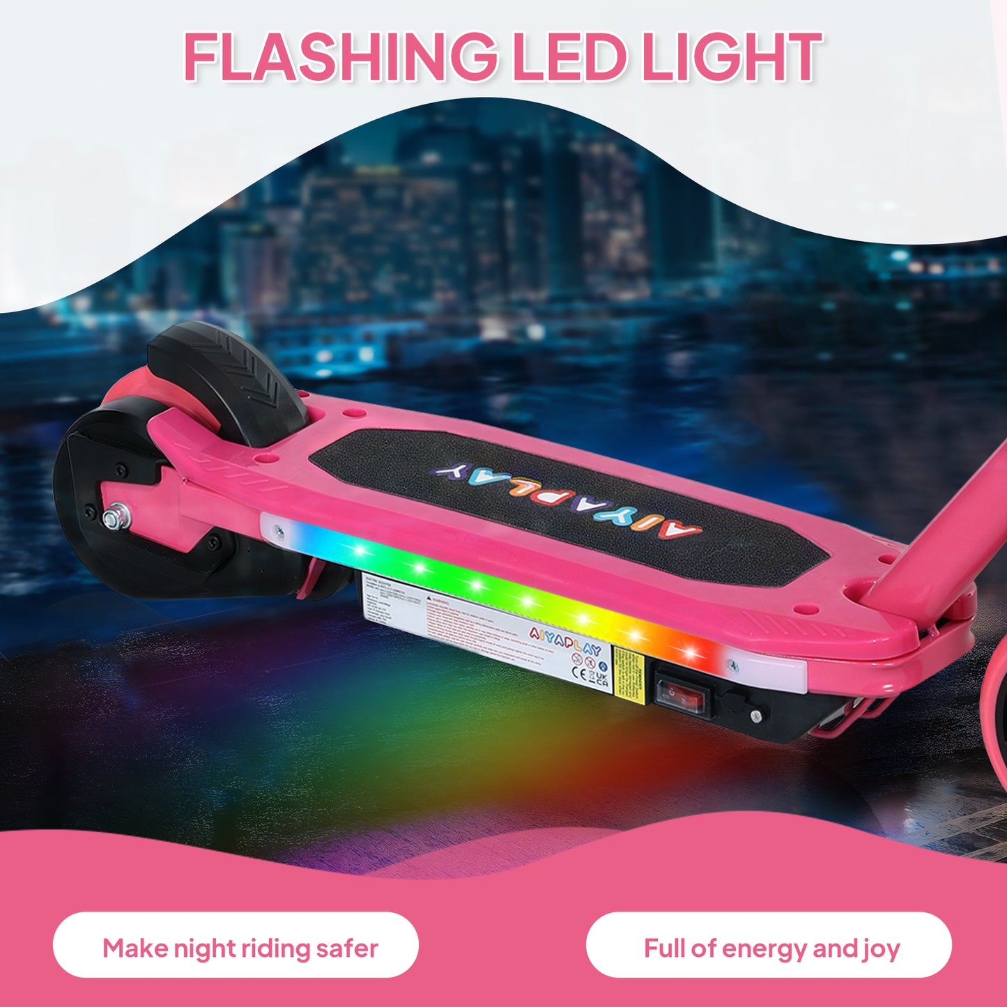 AIYAPLAY Electric Scooter for Kids Ages 6-14, with Colourful Light and Electric Brake, Kids Electric Scooter E Scooter, Up to 10 KM/H & 8 KM, Pink