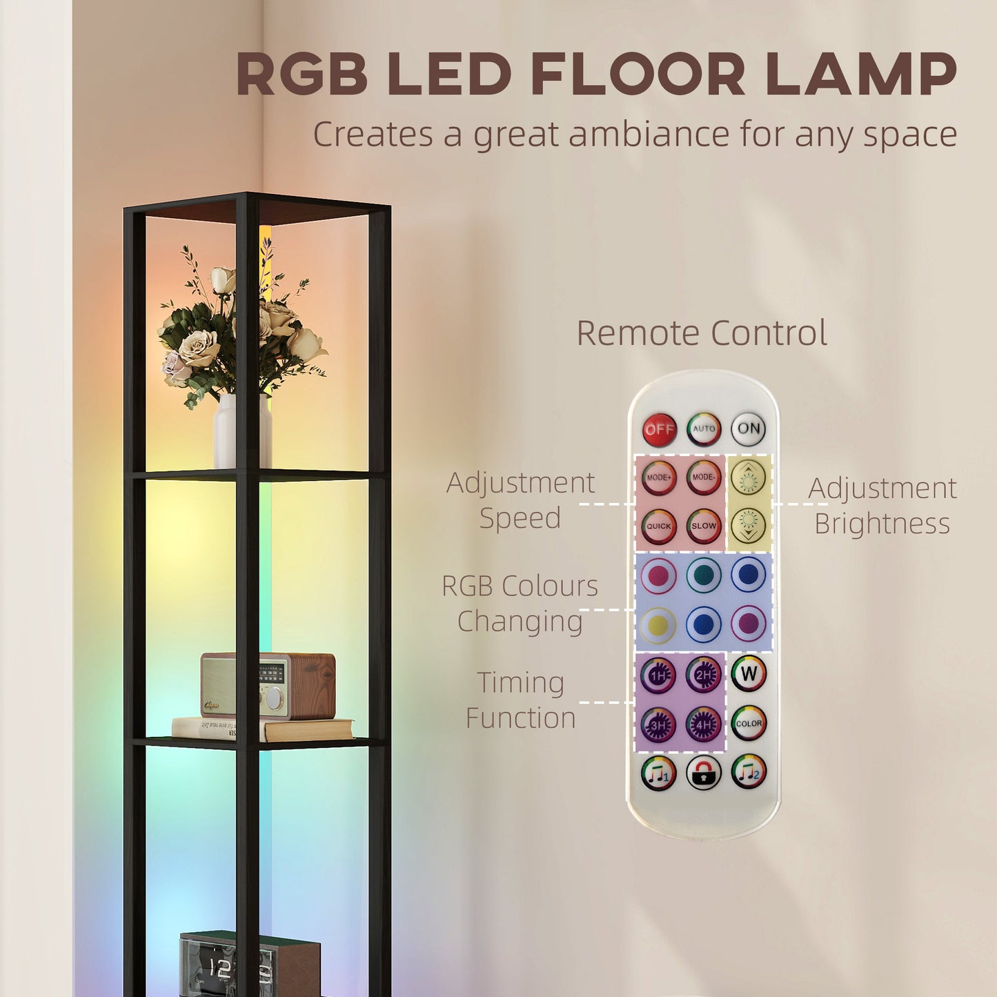 HOMCOM RGB LED Floor Lamp with Shelves, Modern Dimmable Standing Lamp, Remote Control, Adjustable Brightness & Speed, Black