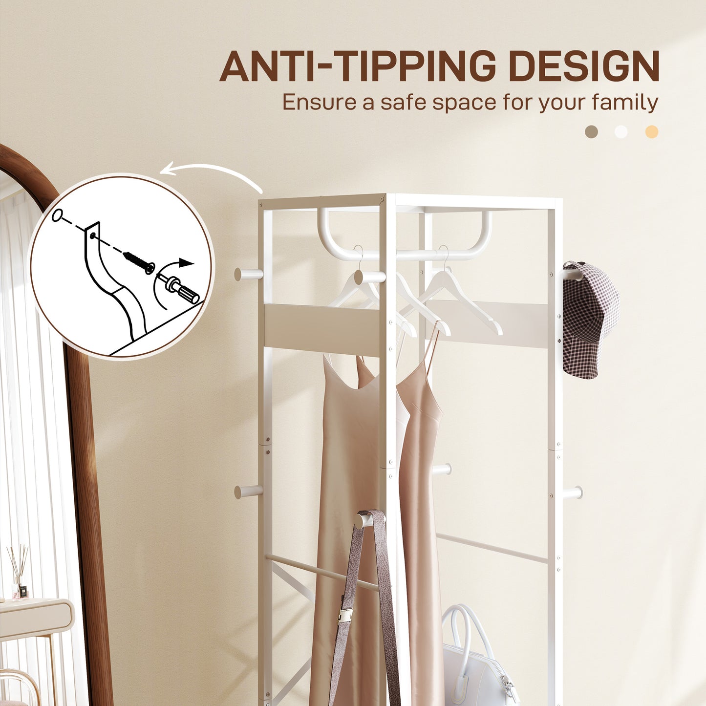 HOMCOM Clothes Rail with Storage Shelf and Hooks, Freestanding Clothes Rack for Entryway, Living Room, Bedroom, White Wood Grain