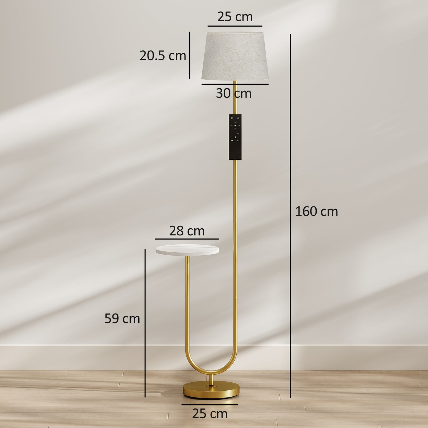 HOMCOM Modern Floor Lamp with Shelf, Dimmable Floor Lamp with Linen Shade, RF Remote and Foot Switch for Living Room, Gold Tone