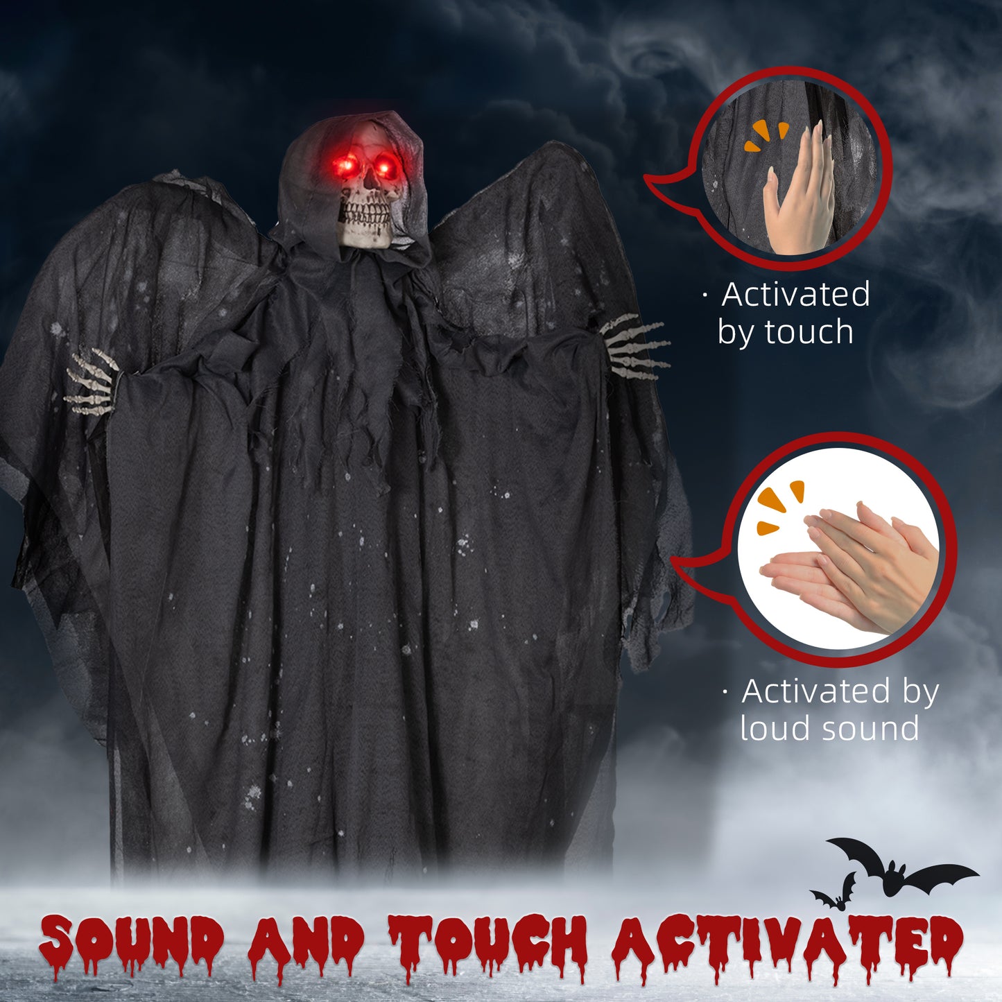 HOMCOM 195cm Winged Grim Reaper Halloween Animatronic with Sound, Lights, and Effects