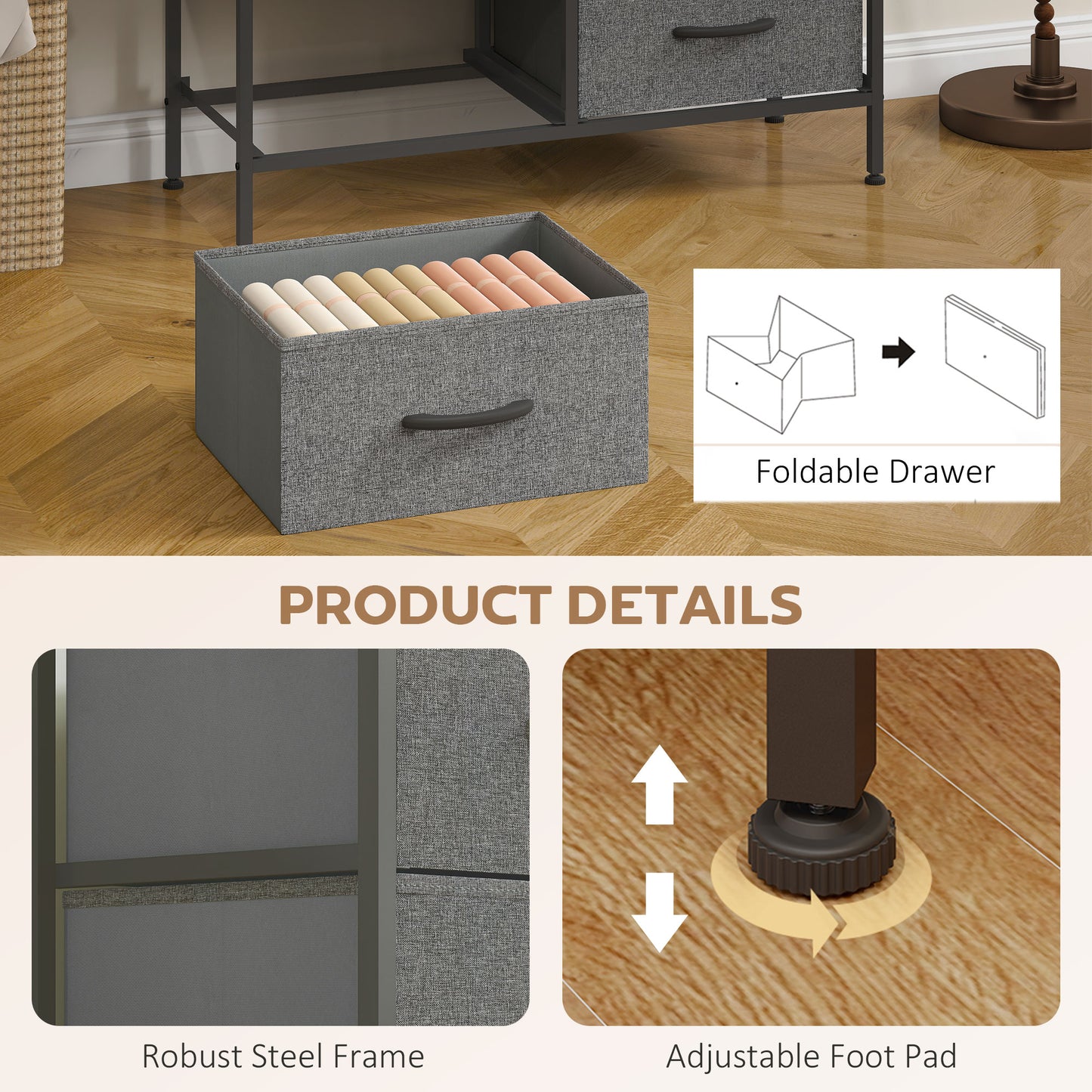 HOMCOM Chest of Drawers, Industrial Dresser with 8 Fabric Drawers, Steel Frame, Wooden Top for Bedroom, Nursery, Hallway, Rustic Brown and Grey