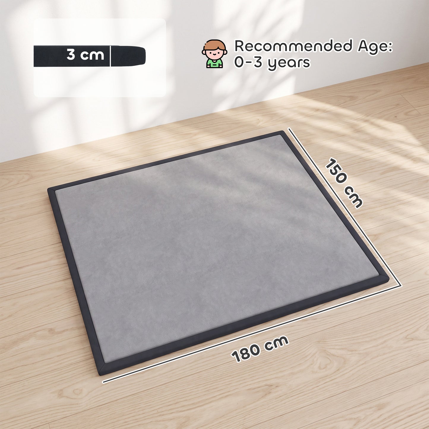 AIYAPLAY Baby Play Mat, 3CM Thick Foam Playmat Rug, Soft Flannel, Non-Slip, Water Resistant, Easy Care, 180 x 150 cm, Dark Grey