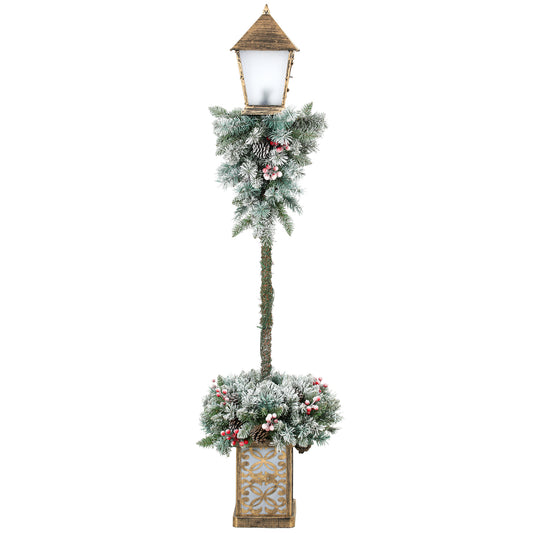 Outsunny Christmas Street Lamp, Outdoor Lighted Christmas Lamp Post with LED Lights, Snow Flocked Tips, Red Berries, Pine Cones