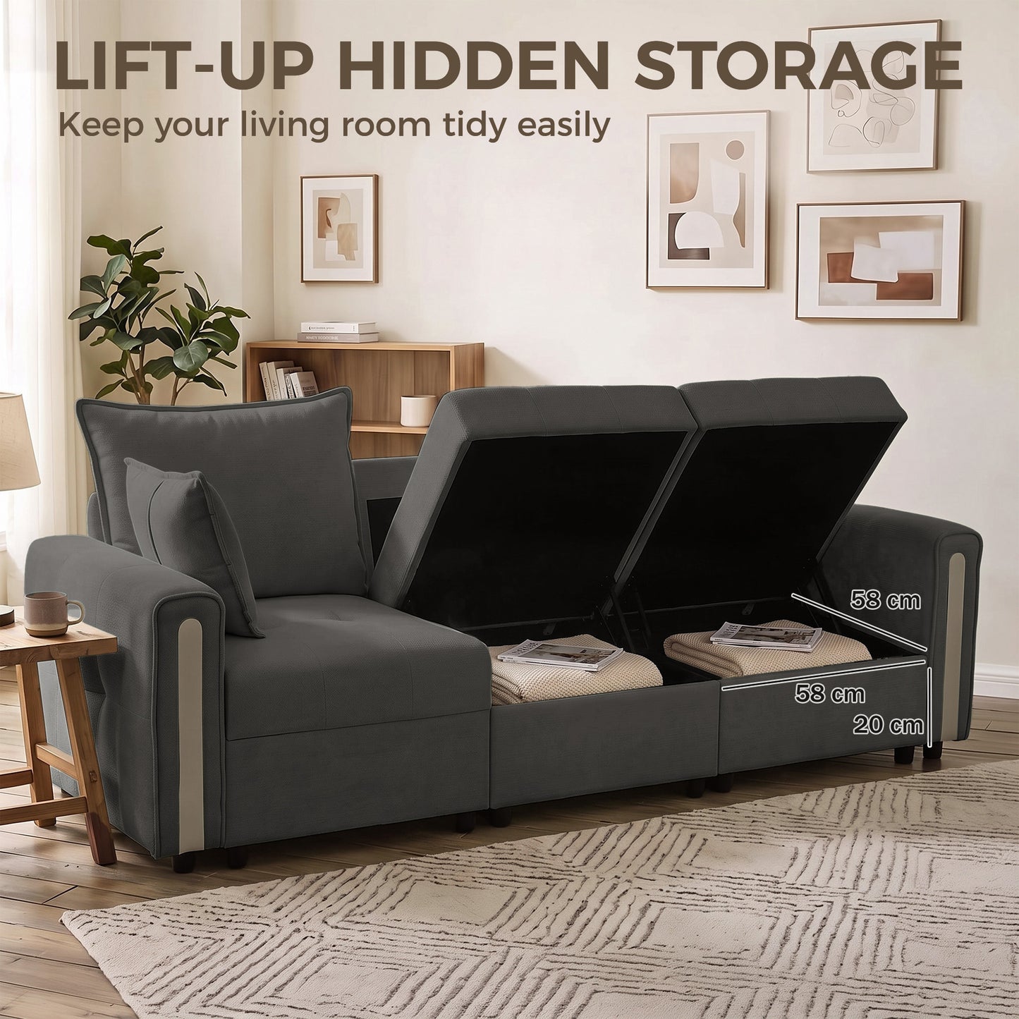 HOMCOM 3 Seater Sofa with Lift-Up Storage, 228cm Comfy Velvet Couch with Wide Deep Seat, Dark Grey