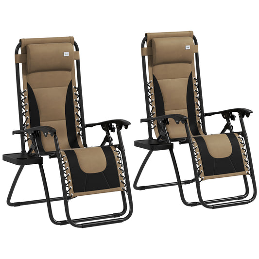 Outsunny Foldable Reclining Garden Chair Set of 2, Zero Gravity, Padded Seat, Cup Holder, Pillow, Coffee