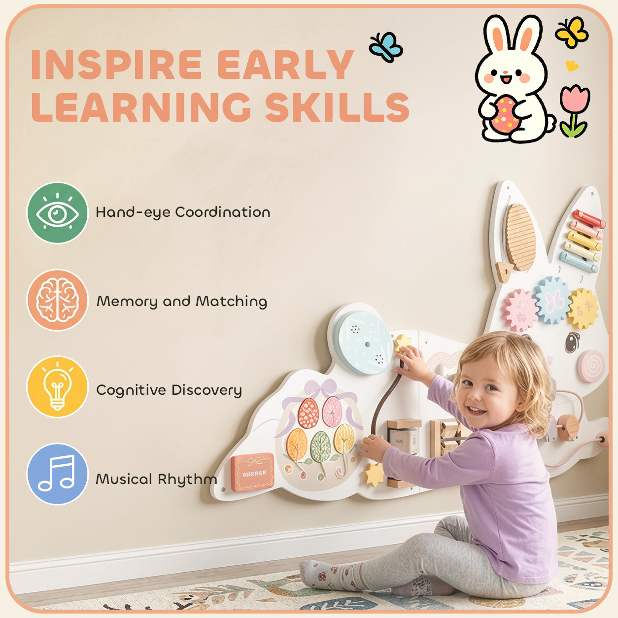 AIYAPLAY Easter Bunny Busy Board Panels, Montessori Wall-Mounted Toddler Learning Activity Centre for Living Room Kids Room White