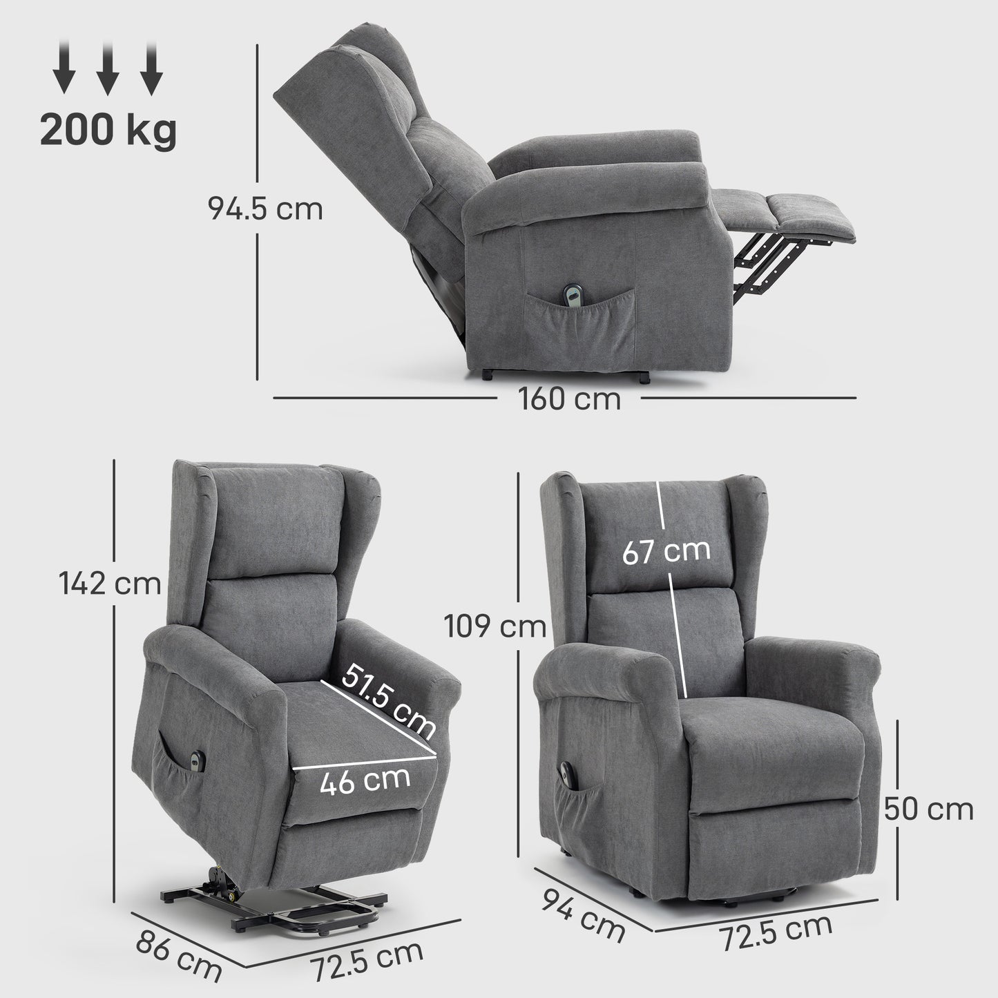 HOMCOM Power Lift Recliner Armchair, Electric Lift Chair for Elderly with Remote, Side Pockets, Extended Footrest, Fabric, Charcoal Grey