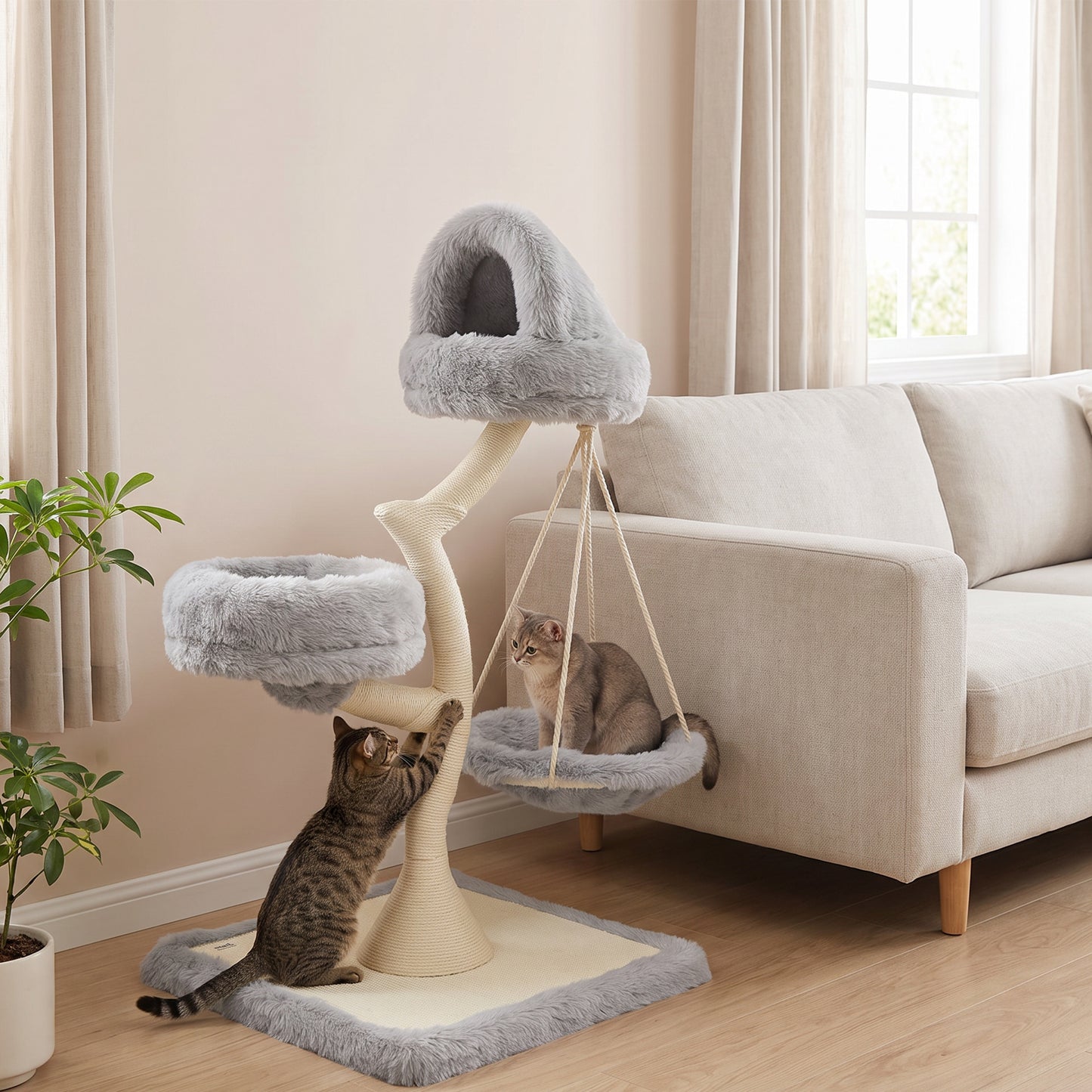 PawHut 115 cm Modern Cat Tree Tower for Large Cats with Sisal Scratching Post, Holds 1 Cat up to 6kg, Machine-Washable Beds