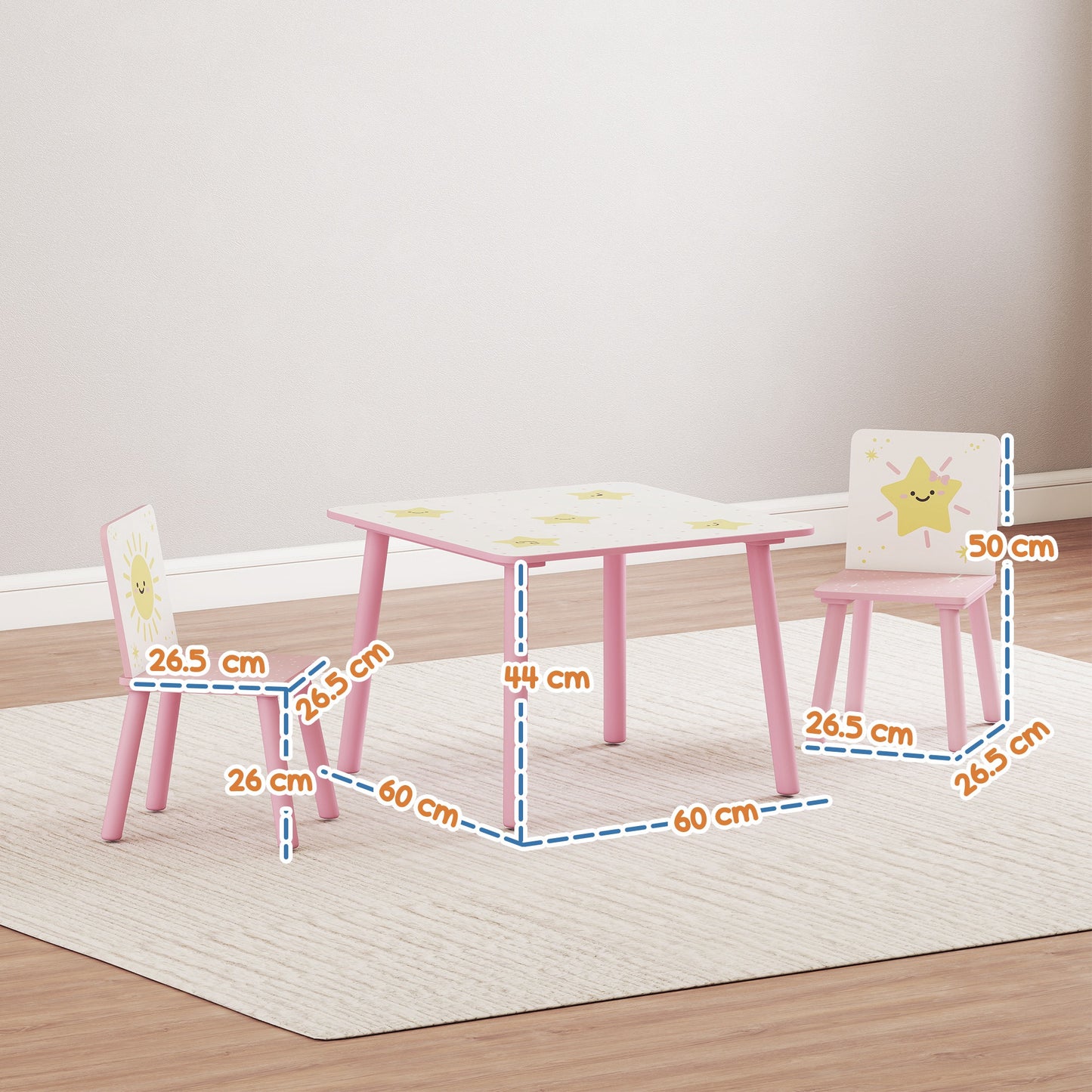 AIYAPLAY 3-Piece Toddler Table and Chair Set, Kids Table with 2 Chairs Set for Bedroom, Nursery, Playroom, Pink