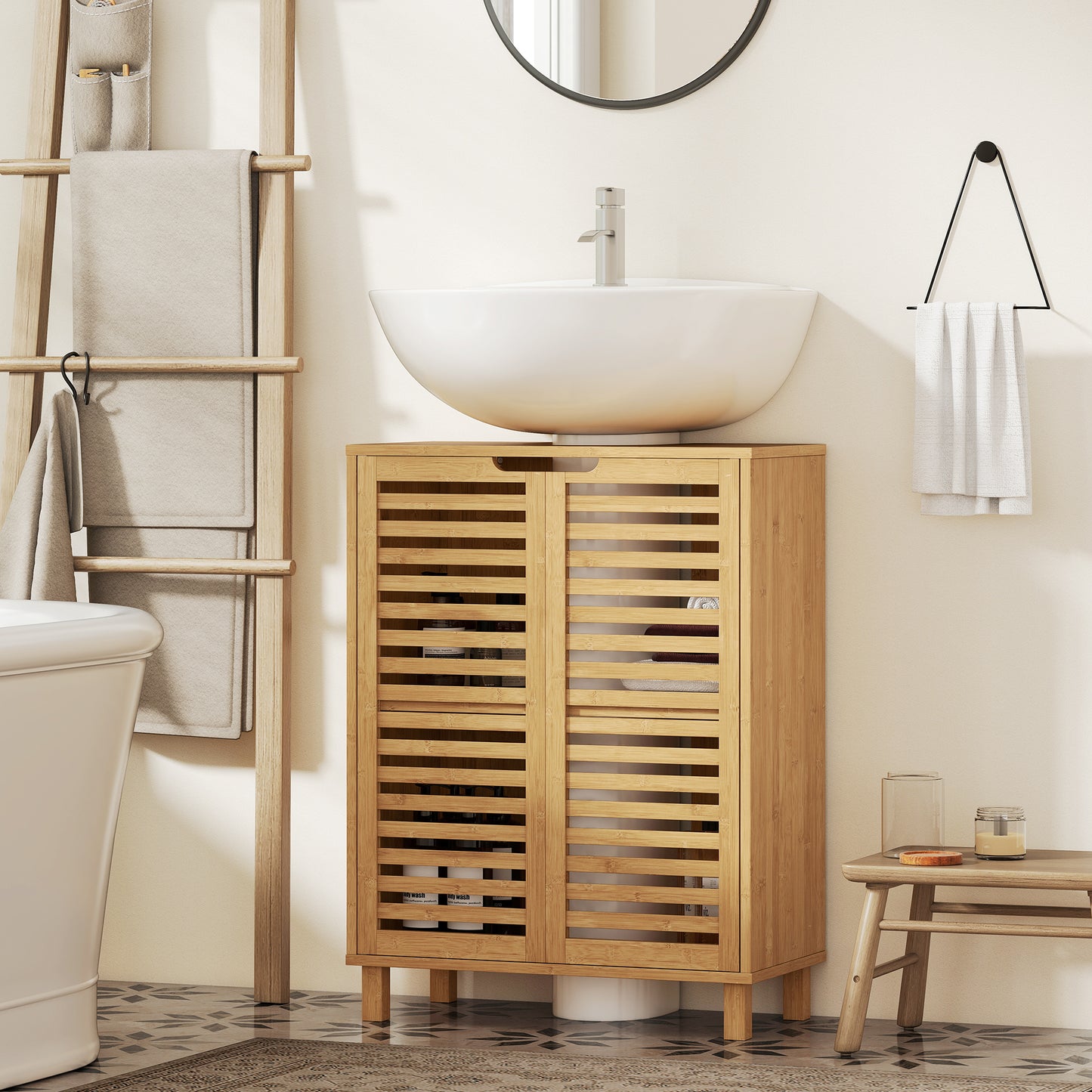 HOMCOM Under Sink Bathroom Cabinet, Freestanding Bamboo Under Sink Cabinet with Louvered Doors and Adjustable Shelf, Natural
