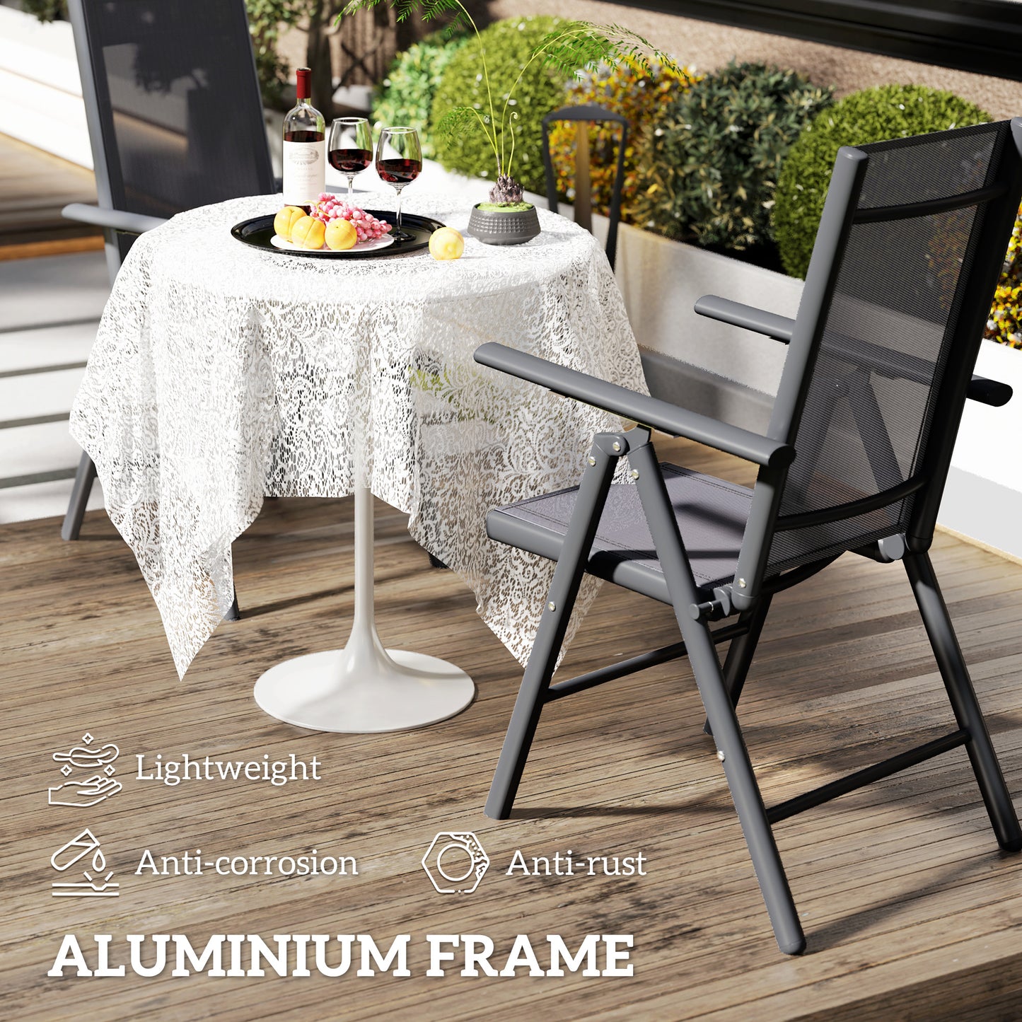 Outsunny 2 Folding Chairs, Aluminium Frame, Breathable Mesh for Garden/Patio, Dark Grey