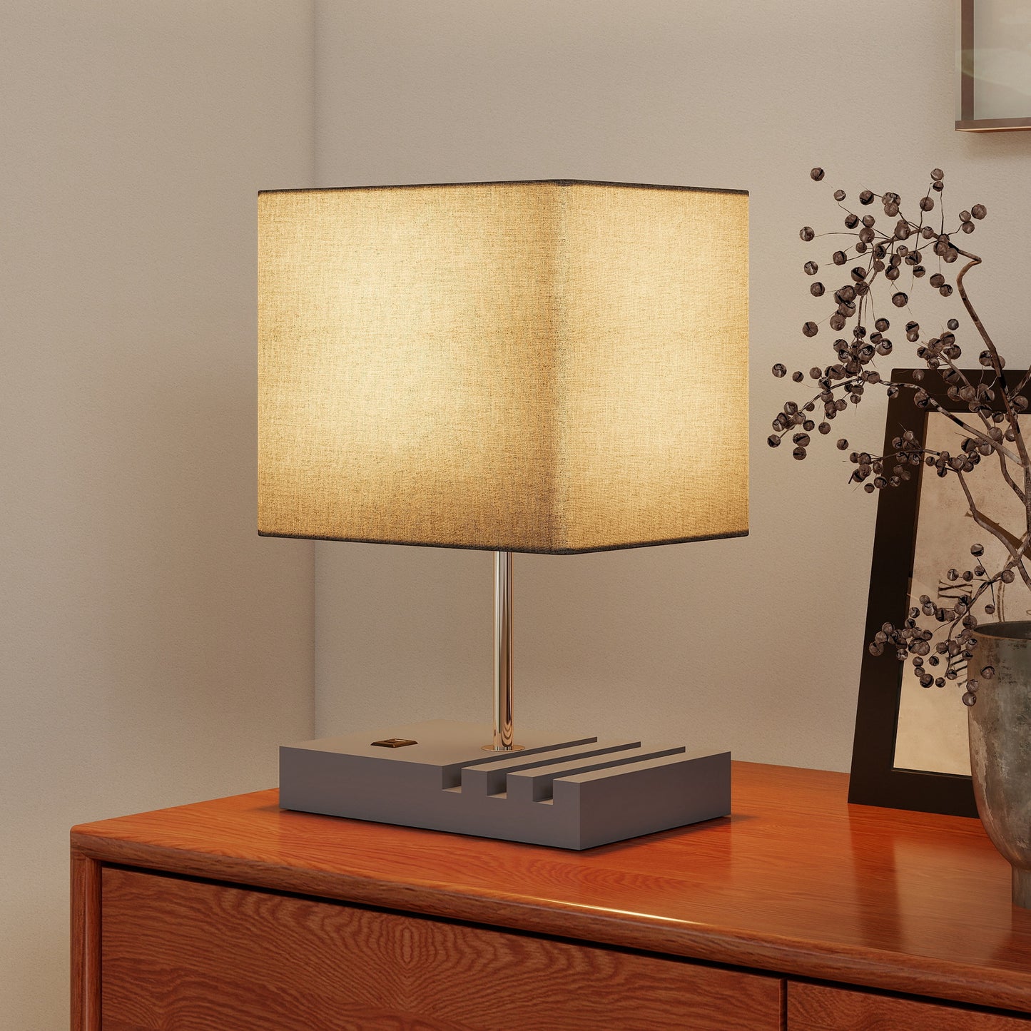 HOMCOM Bedside Lamp with USB A+C Charging Ports and 3 Phone Stands, Modern Table Lamp with Solid Wood Base, E27 Socket, Bulb Not Included, Grey