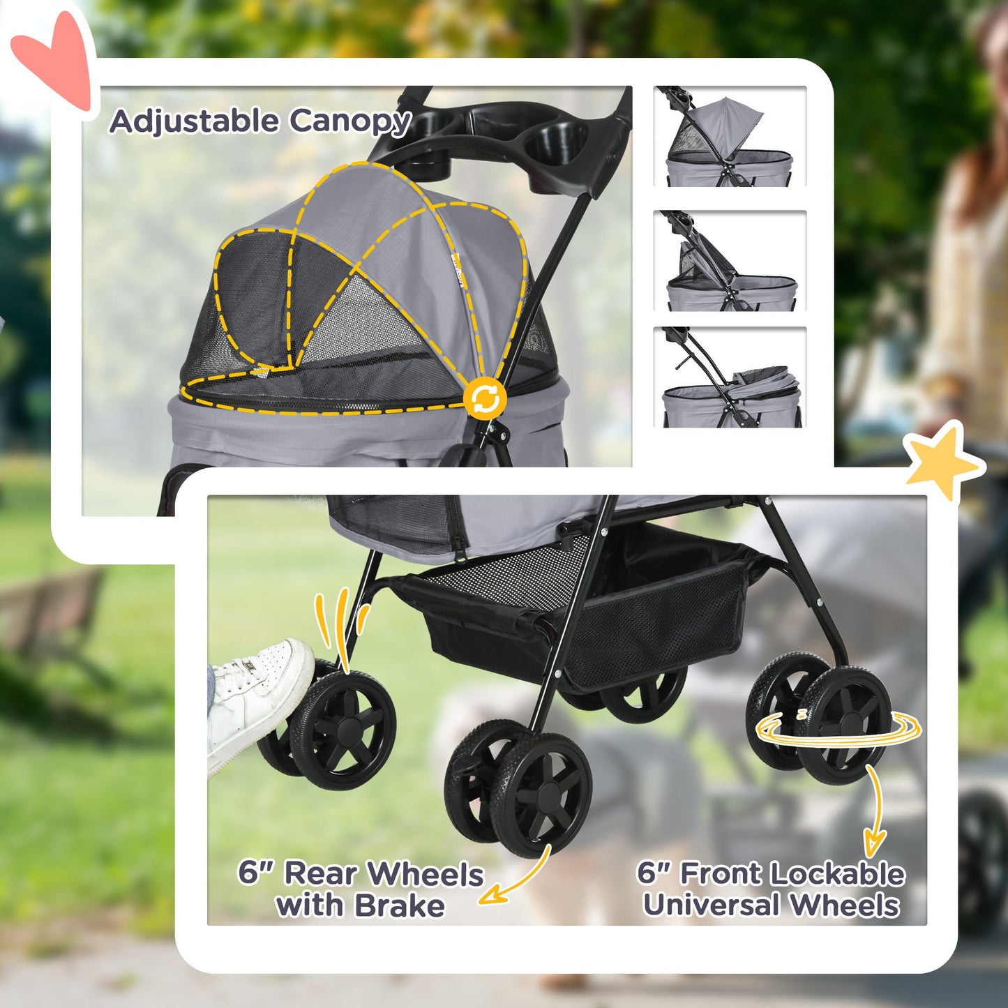 PawHut Pet Stroller No-Zip Foldable Travel Carriage with Brake Basket Adjustable Canopy