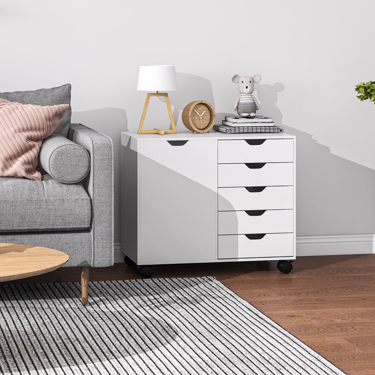 HOMCOM Mobile Office Storage Cabinet with 5 Drawers, Door and Adjustable Shelf for Home Office, White