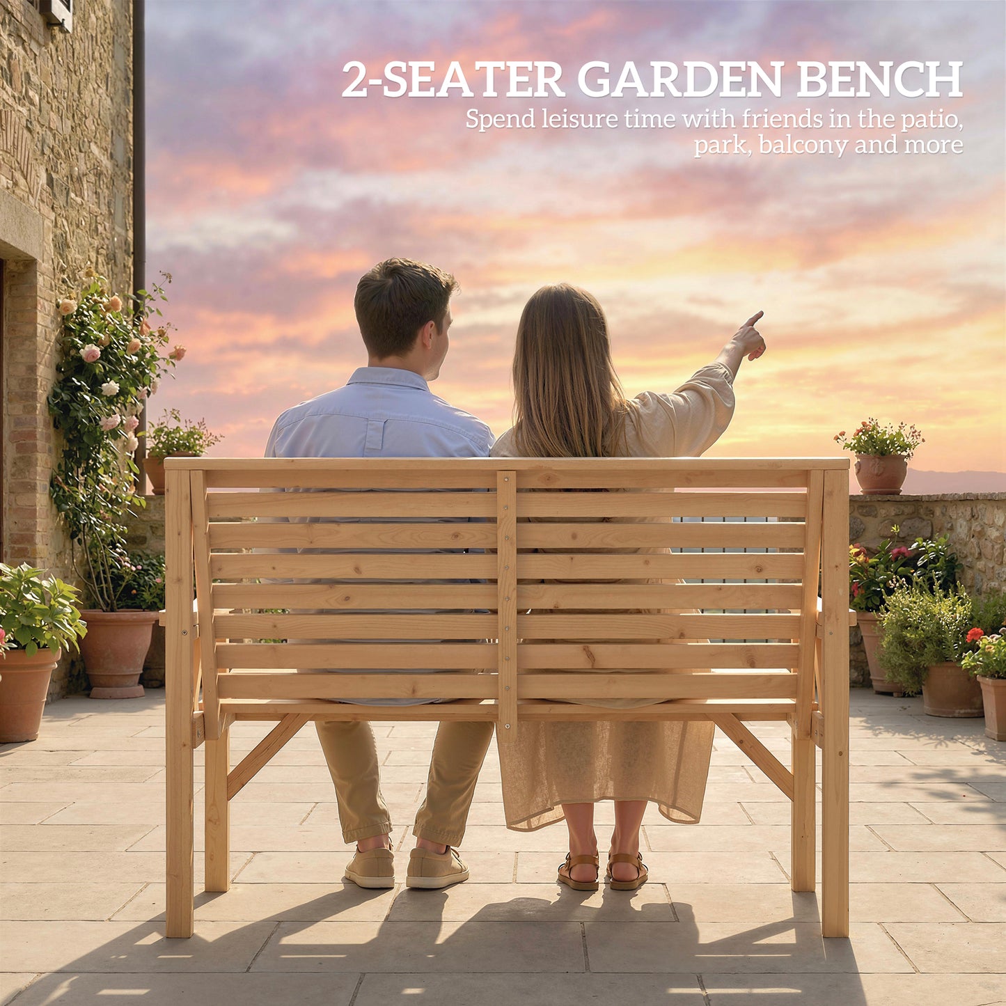 Outsunny 2 Seater Wooden Garden Bench, Slatted Patio Bench with Armrest and Backrest, Outdoor Furniture for Indoor